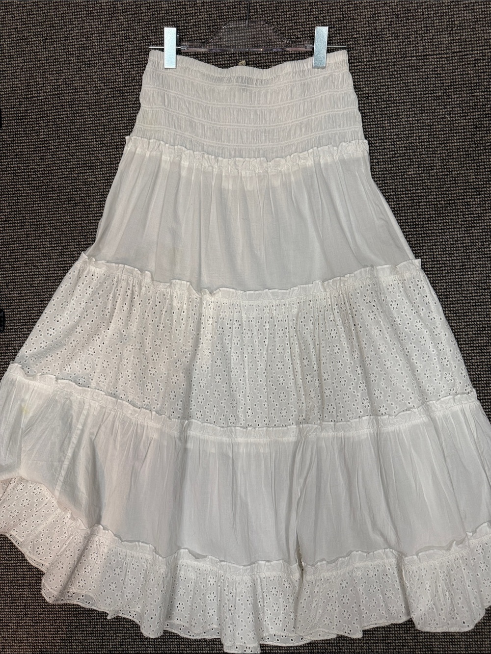 Boho White Tiered Eyelet Maxi Skirt with Shirred Waistband